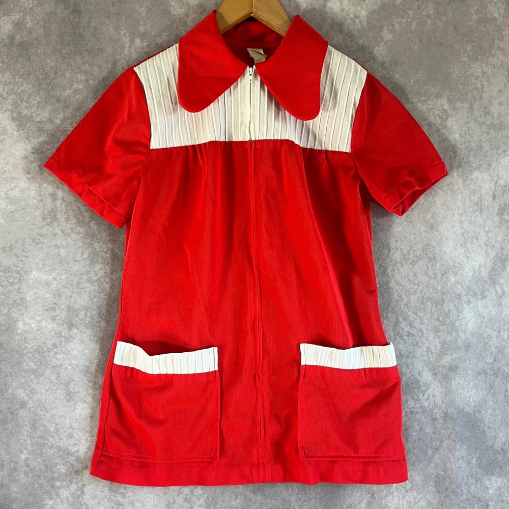 Vintage Mod Tunic Top Womens Medium Red White Zip Up Pleated 70s Retro MCM